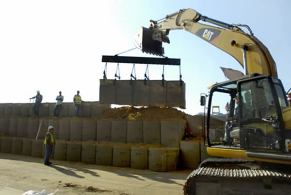 Hesco bastion used as temporary military barrier against explosion